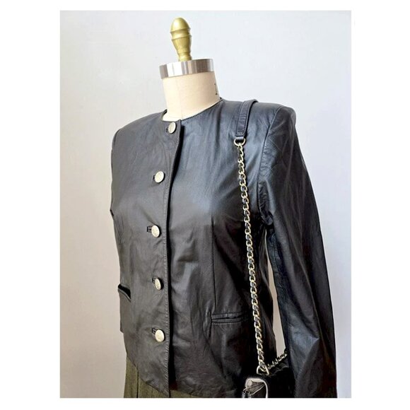 90's JFS Signature Black Leather Crew Neck Blazer Jacket in a Size Medium 10 12 - Picture 1 of 5